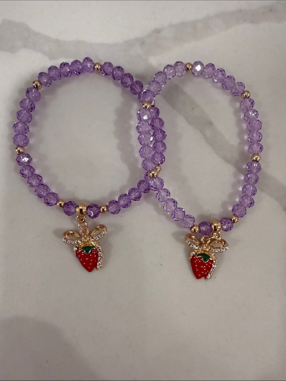 Purple Beaded Bracelets with Strawberry Charm (Pair)